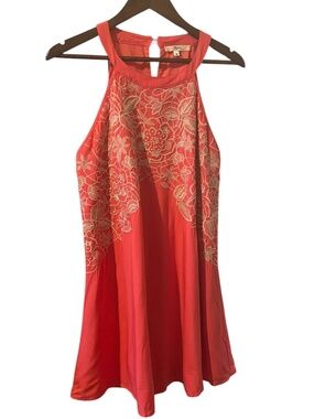 Andree by UNIT Tangerine/Hot Pink Color Halter Style Swing Dress Size Medium EUC